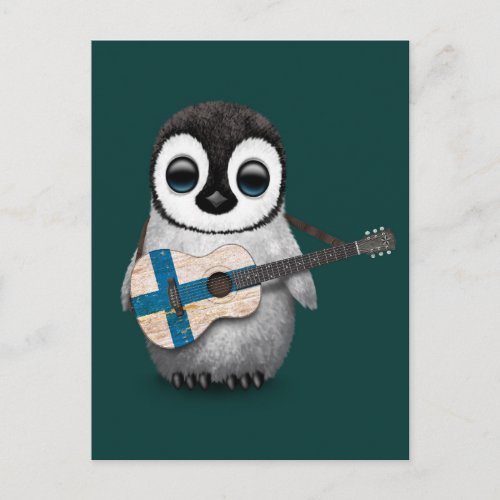 Baby Penguin Playing Finnish Flag Guitar Teal Postcard