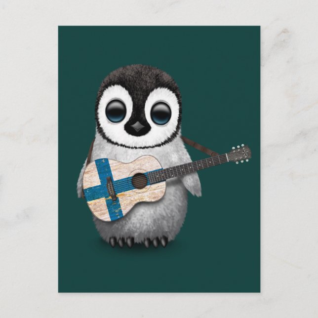 Baby Penguin Playing Finnish Flag Guitar Teal Postcard (Front)