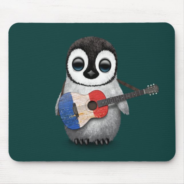 Baby Penguin Playing French Flag Guitar Teal Mouse Pad (Front)