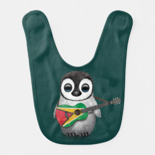 Baby Penguin Playing Guyana Flag Guitar Teal Bib