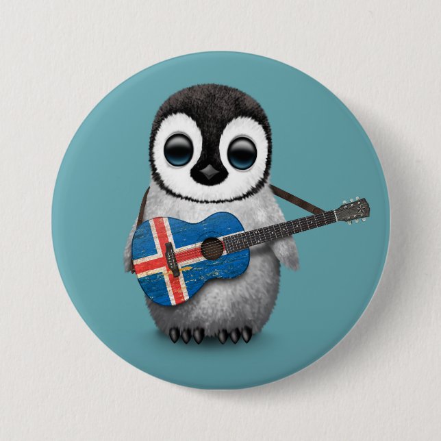 Baby Penguin Playing Icelandic Flag Guitar Blue Pinback Button (Front)
