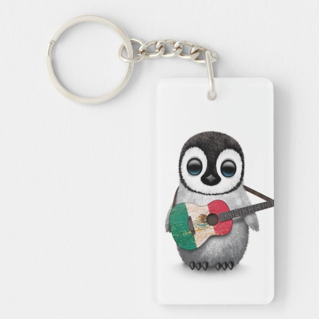 Baby Penguin Playing Mexican Flag Guitar Keychain (Front)
