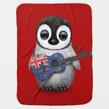 Baby Penguin Playing New Zealand Flag Guitar Red Receiving Blanket by crazycreatures at Zazzle