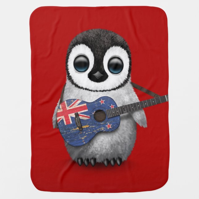 Baby Penguin Playing New Zealand Flag Guitar Red Receiving Blanket (Front)