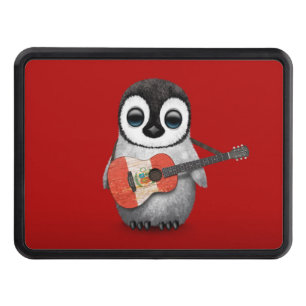 Baby Penguin Playing Peru Flag Guitar Red Trailer Hitch Cover
