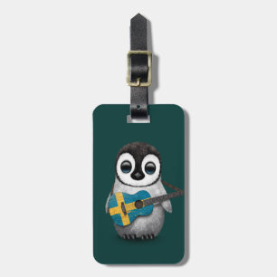 Baby Penguin Playing Swedish Flag Guitar Teal Luggage Tag