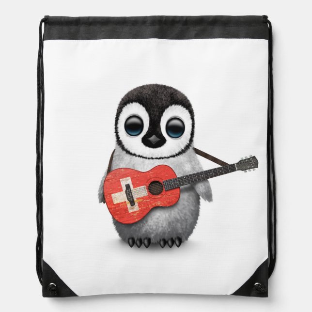 Baby Penguin Playing Swiss Flag Guitar Drawstring Bag (Front)