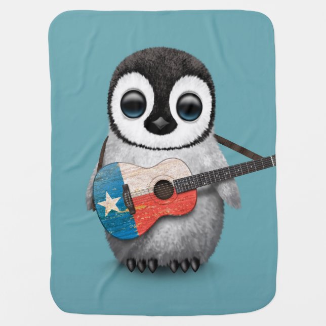 Baby Penguin Playing Texas Flag Guitar Blue Stroller Blanket (Front)