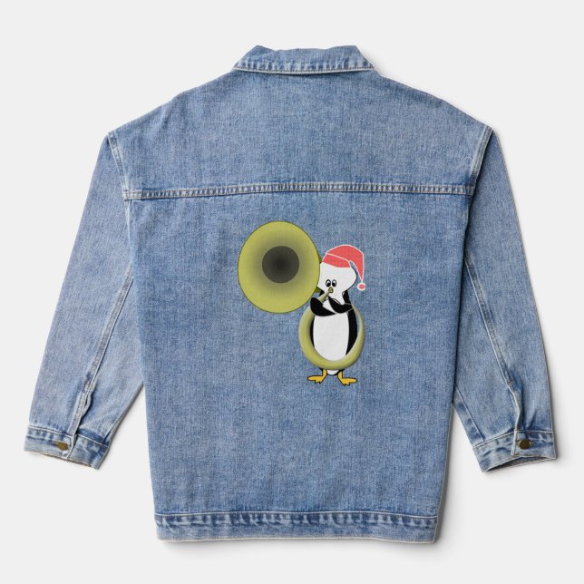 Baby Penguin Playing Tuba Denim Jacket (Back)