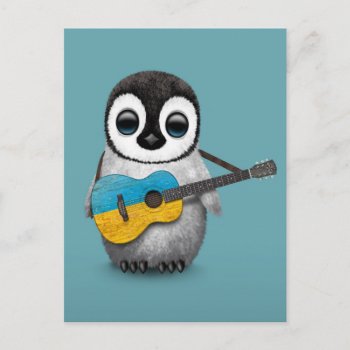 Baby Penguin Playing Ukrainian Flag Guitar Blue Postcard by crazycreatures at Zazzle
