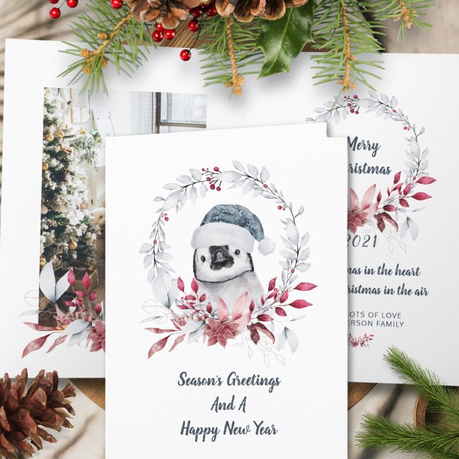 Baby Penguin Red Berry Wreath Christmas Photo Holiday Card (Creator Uploaded)