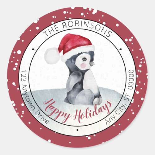 Baby Penguin  Santa Hat Happy Holidays Family Classic Round Sticker