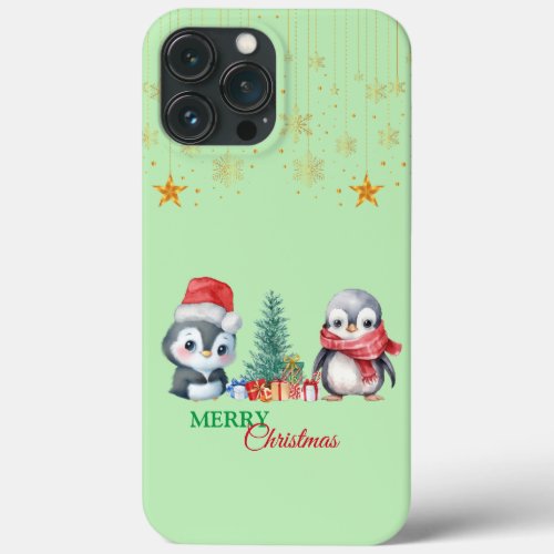 Baby Penguin Santa Red Green Merry Christmas Party iPhone 13 Pro Max Case