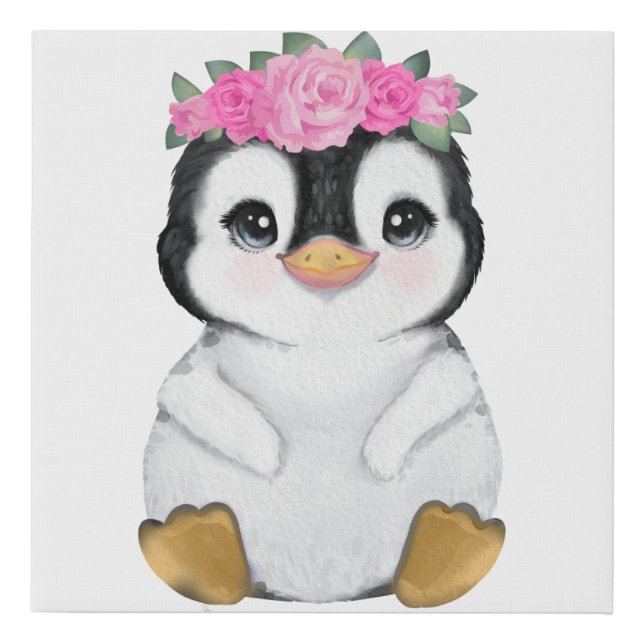  Baby Penguin W/Pink Floral Crown Canvas Print  (Front)