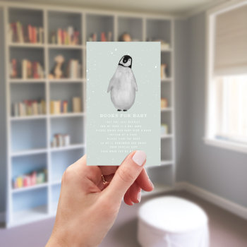 Baby Penguin Winter Blue Baby Shower Book Request Enclosure Card by JillsPaperie at Zazzle