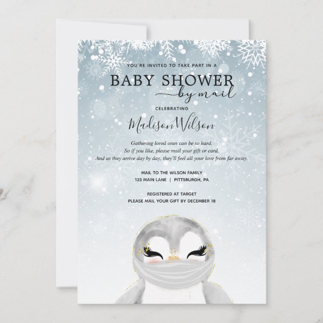 Baby Penguin with Mask Baby Shower by Mail Invitation (Front)
