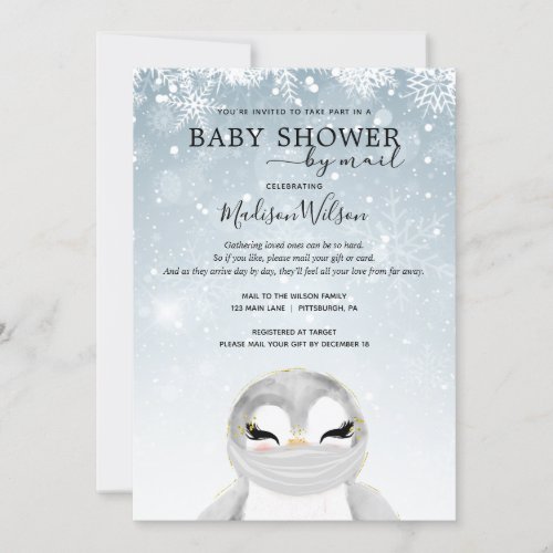 Baby Penguin with Mask Baby Shower by Mail Invitation
