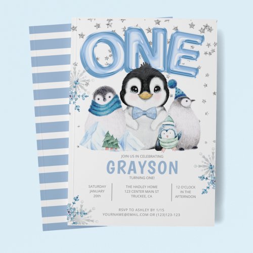 Baby Penguins 1st Birthday Winter Invitation
