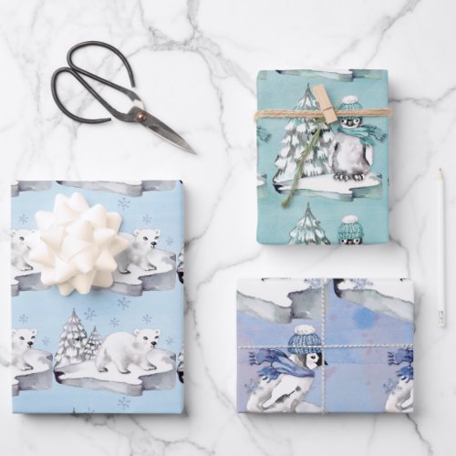 Baby Penguins and Polar Bears On Ice Flows Wrapping Paper Sheets