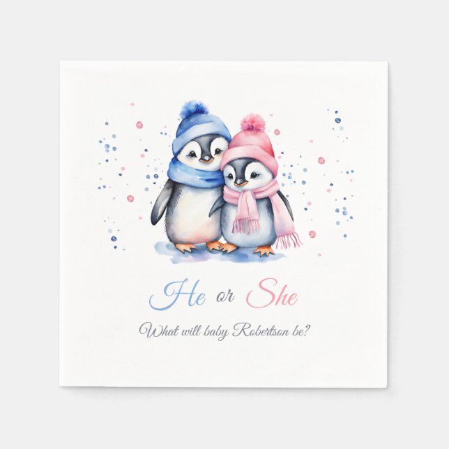 Baby Penguins He or She Winter Fall Gender Reveal  Napkins (Front)