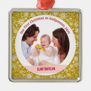 Baby Photo 1st Christmas As Godparents Golden Metal Ornament