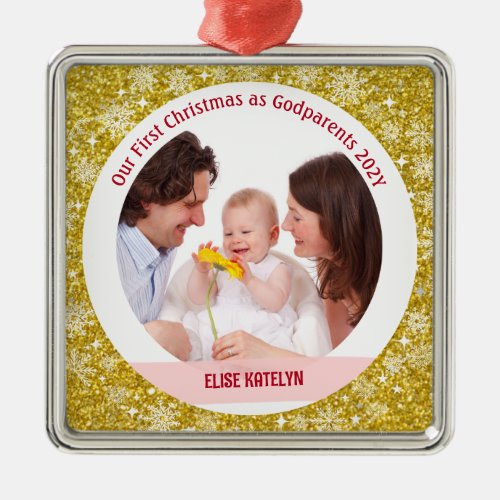 Baby Photo 1st Christmas As Godparents Golden Metal Ornament
