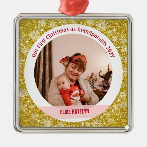 Baby Photo 1st Christmas As Grandparents Golden Metal Ornament