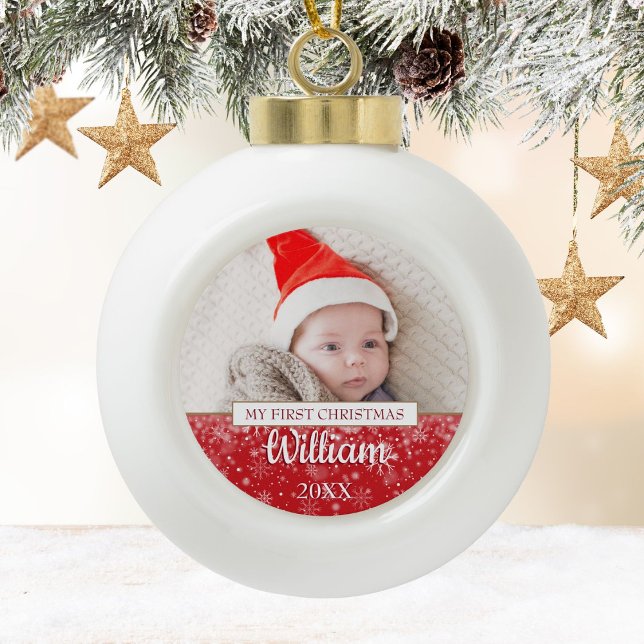 Baby Photo 1st Christmas Script Snowflakes Ceramic Ball Christmas Ornament (Baby Photo 1st Christmas Script Snowflakes Ceramic Ball Christmas Ornament)