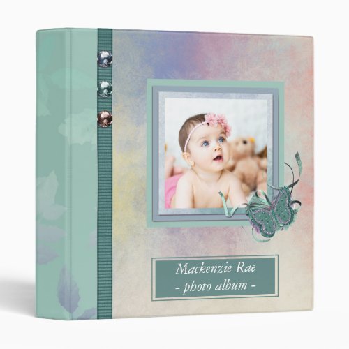 Baby Photo Album  Trendy Sage Green Butterfly 3 Ring Binder