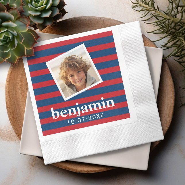 Baby Photo and Birthday Cute Boy Striped Pattern Paper Napkins (Custom Party Napkins)