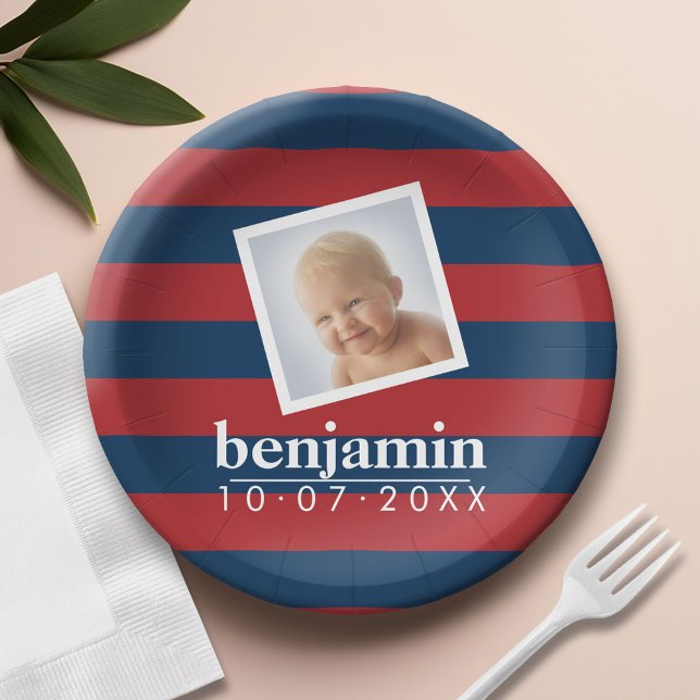 Baby Photo and Birthday Cute Boy Striped Pattern Paper Plates (Custom Paper Plate)