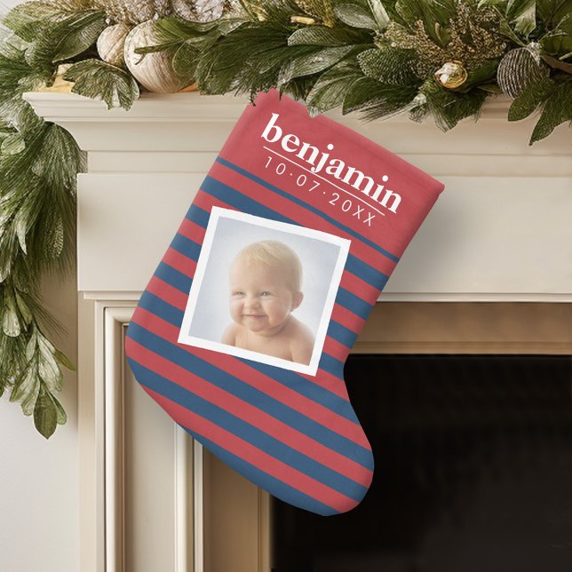 Baby Photo and Birthday Cute Boy Striped Pattern Small Christmas Stocking (Personalized Christmas Stocking)