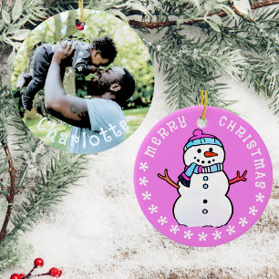 Baby Photo And Cute Snowman   Pink 2024 Ceramic Ornament