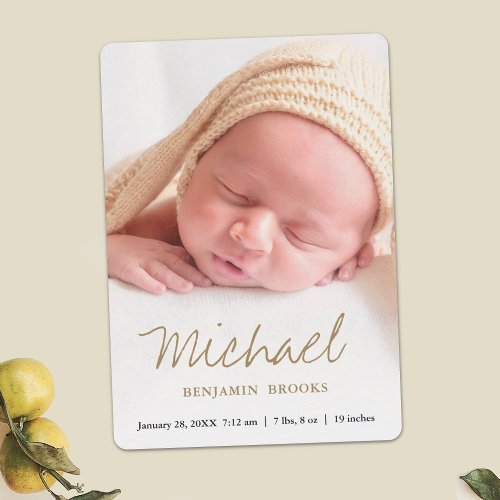 Baby Photo Announcement Card with Gold Scripti