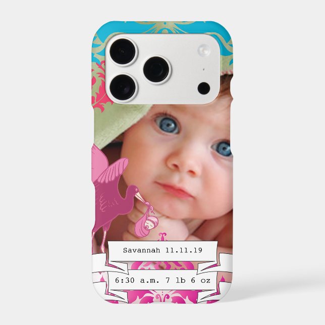 Baby Photo Baby Stats Damask Name or Quote Case-Mate iPhone Case (Back)