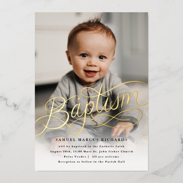 Baby Photo Baptism Gold Foil Invitation (Front)