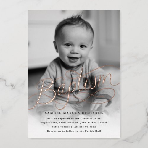 Baby Photo Baptism Rose Gold Foil Invitation