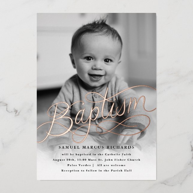 Baby Photo Baptism Rose Gold Foil Invitation (Front)