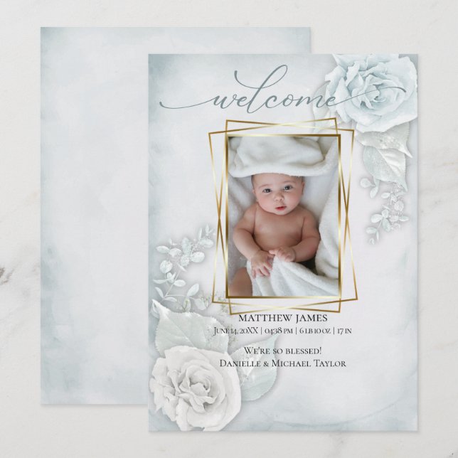 Baby Photo Birth Announcement Blue Floral (Front/Back)