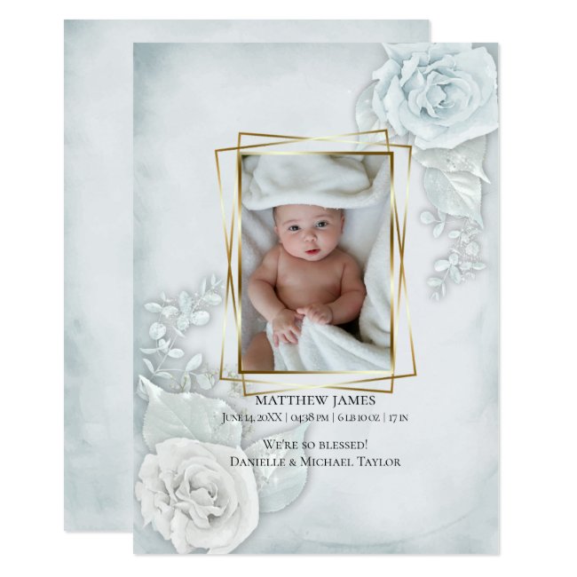 Baby Photo Birth Announcement Blue Floral