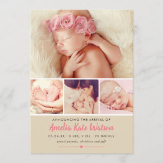 Baby Photo Birth Announcement Card | Beige & Pink