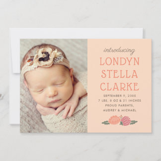 Baby Photo Birth Announcement Card | Peach Flowers