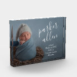 Baby Photo Birth Announcement Keepsake Block<br><div class="desc">Elegantly sweet, this acrylic block features your baby's photo, their name in slanted white script and birth stats in chic white lettering. *Use a horizontal photo or crop your photo to size with the baby on the left half of the announcement before you upload it. **The Live Design Service can...</div>