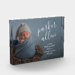 Baby Photo Birth Announcement Keepsake Block<br><div class="desc">Elegantly sweet, this acrylic block features your baby's photo, their name in slanted white script and birth stats in chic white lettering. *Use a horizontal photo or crop your photo to size with the baby on the left half of the announcement before you upload it. **The Live Design Service can...</div>