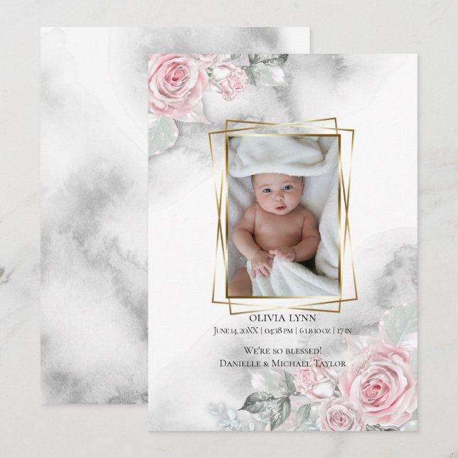 Baby Photo Birth Announcement Pink Floral (Front/Back)