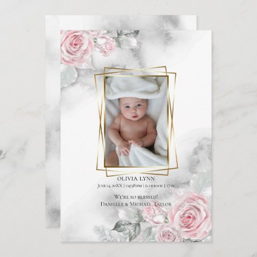 Baby Photo Birth Announcement Pink Floral
