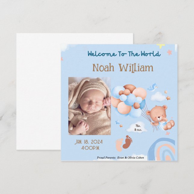 BABY PHOTO BIRTH ANNOUNCEMENT- TEDDY BEAR   SAVE THE DATE (Front/Back)