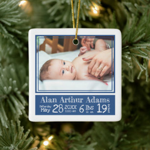Baby Photo Birth Stats Ornament Blue Stripes