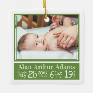 Baby Photo Birth Stats Ornament Green Stripes
