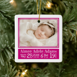 Baby Photo Birth Stats Ornament Magenta Stripes